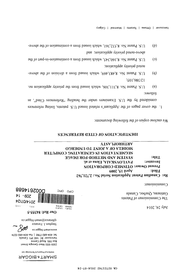 Document de brevet canadien 2721762. Poursuite-Amendment 20140724. Image 1 de 3