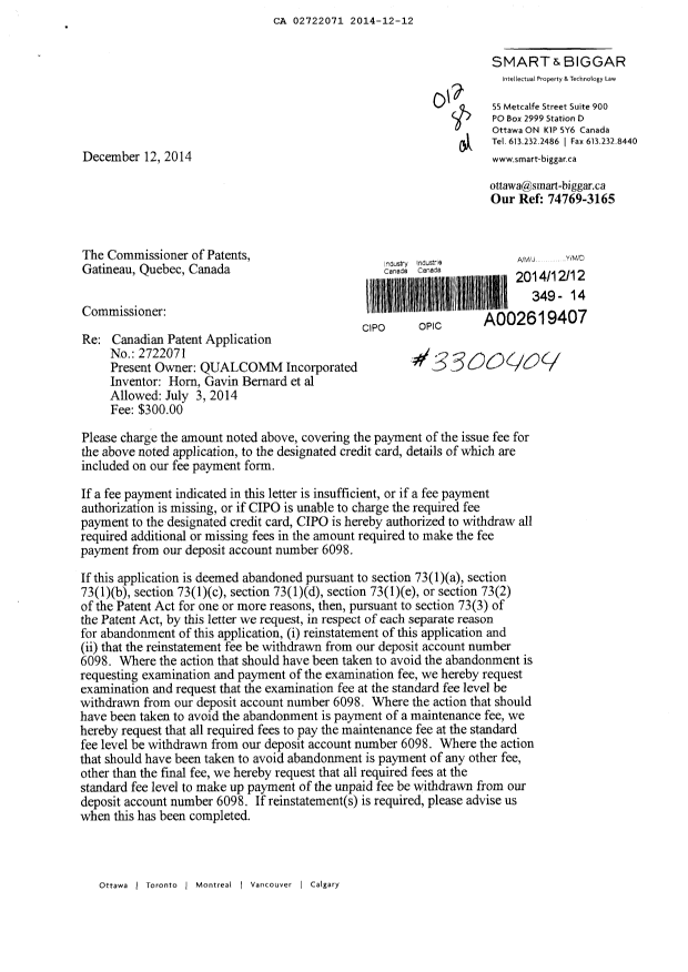 Document de brevet canadien 2722071. Correspondance 20141212. Image 1 de 2