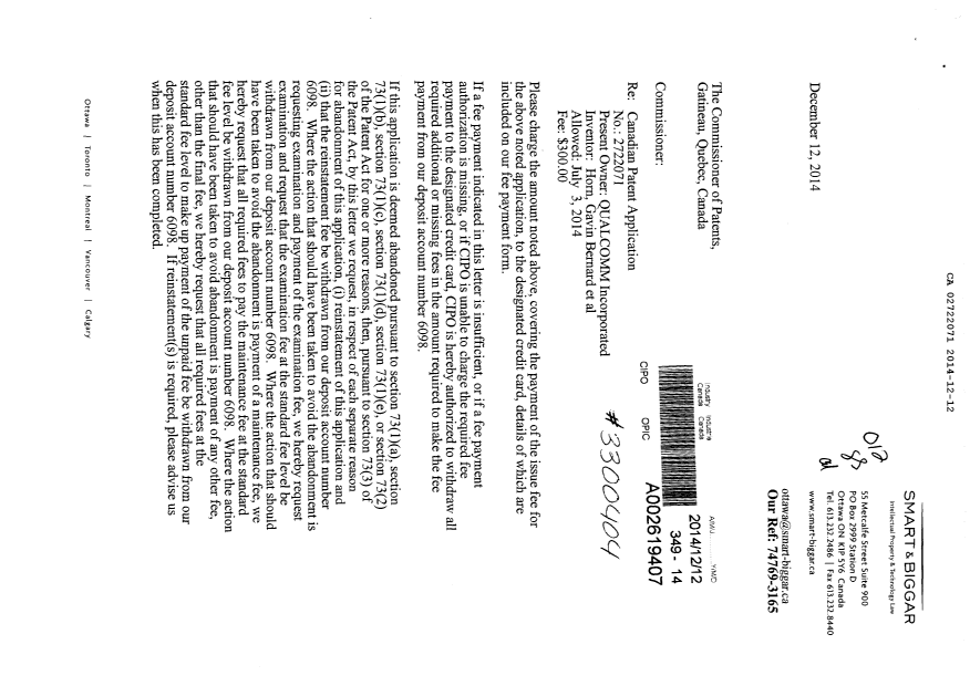 Canadian Patent Document 2722071. Correspondence 20141212. Image 1 of 2
