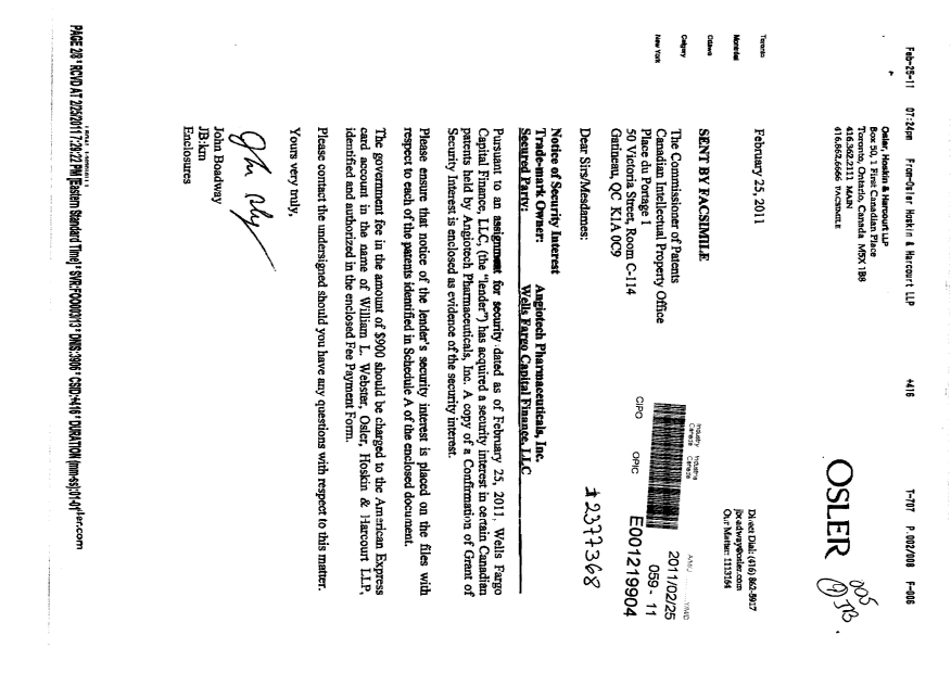 Document de brevet canadien 2722092. Cession 20110225. Image 1 de 7