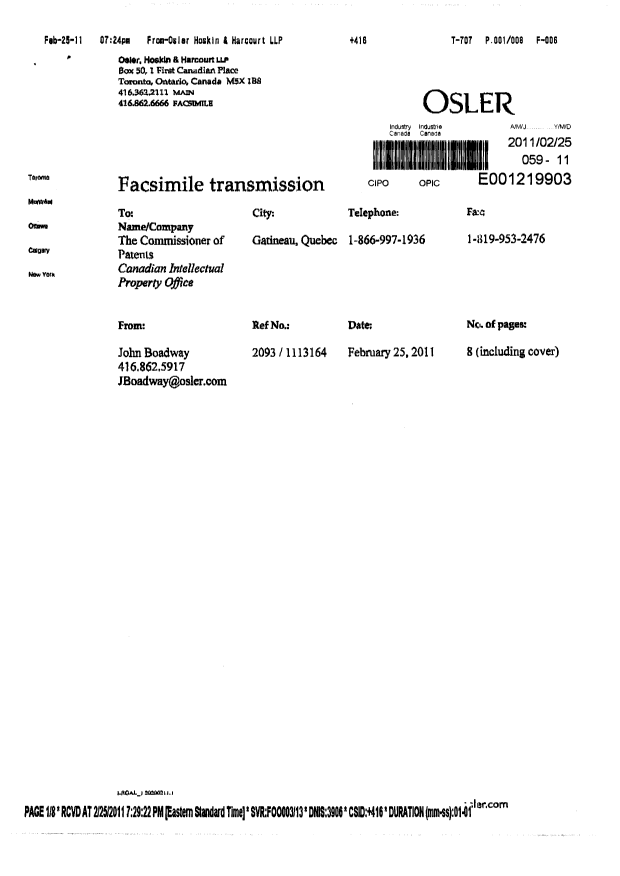 Document de brevet canadien 2722092. Cession 20110225. Image 7 de 7