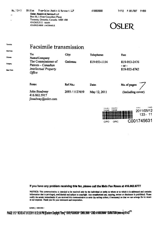Document de brevet canadien 2722092. Cession 20110512. Image 12 de 12