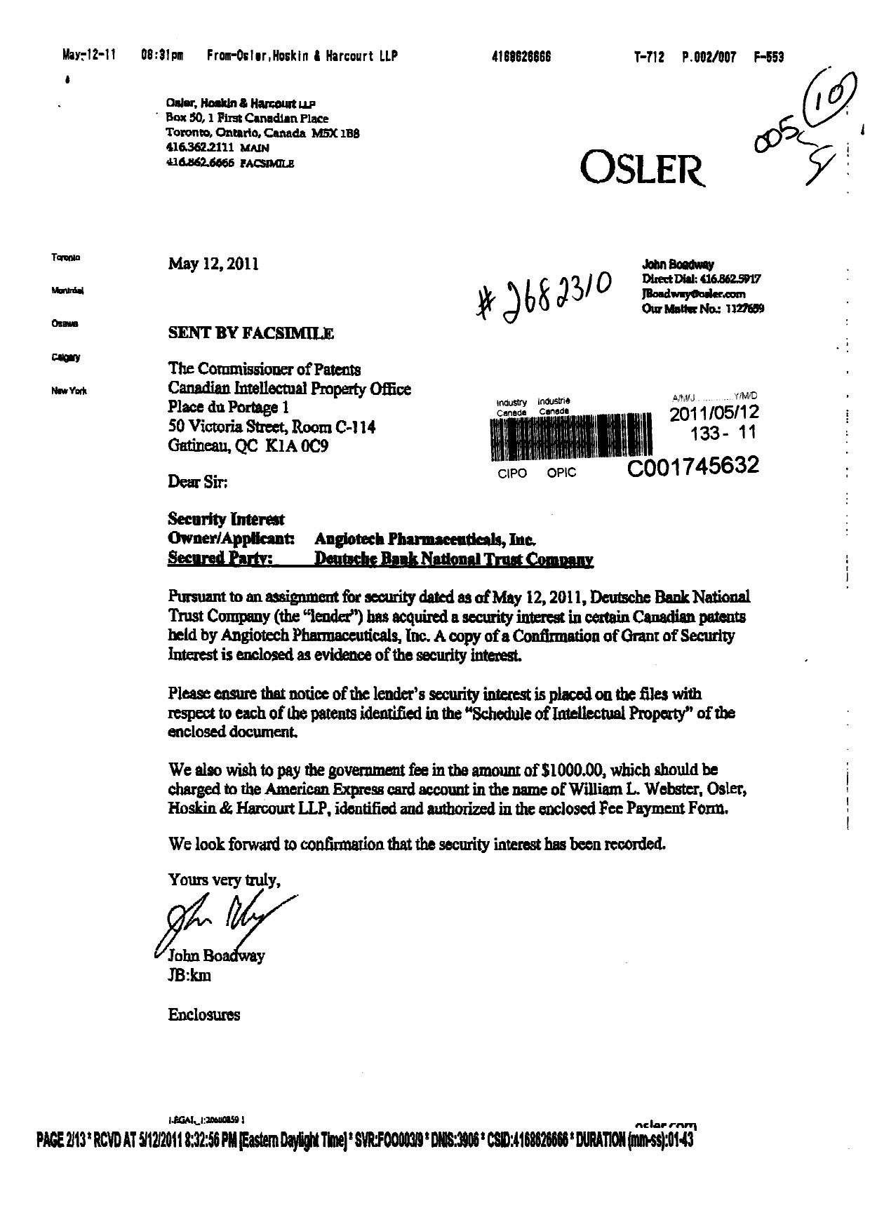 Document de brevet canadien 2722092. Cession 20110512. Image 1 de 12