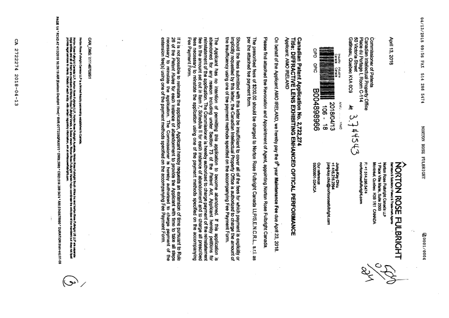 Document de brevet canadien 2722274. Paiement de taxe périodique 20180413. Image 1 de 2