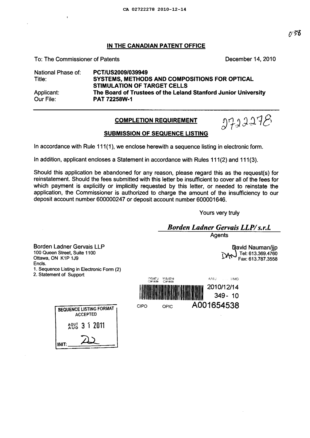 Document de brevet canadien 2722278. Poursuite-Amendment 20101214. Image 1 de 2