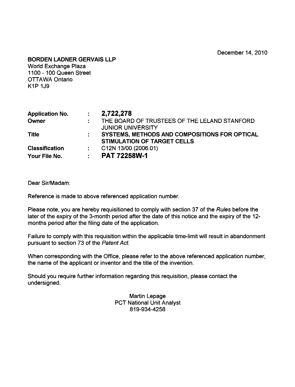 Document de brevet canadien 2722278. Correspondance 20101214. Image 1 de 1