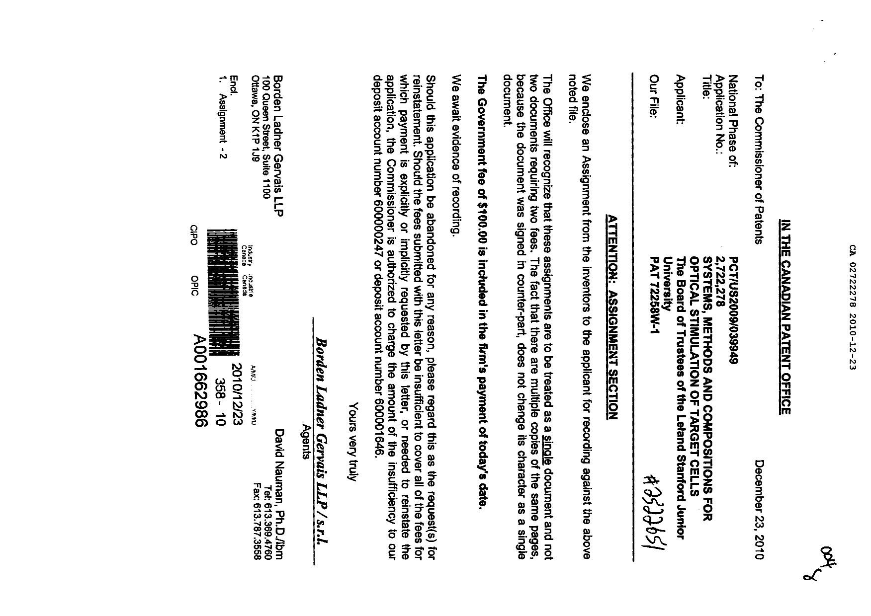 Canadian Patent Document 2722278. Assignment 20101223. Image 1 of 7