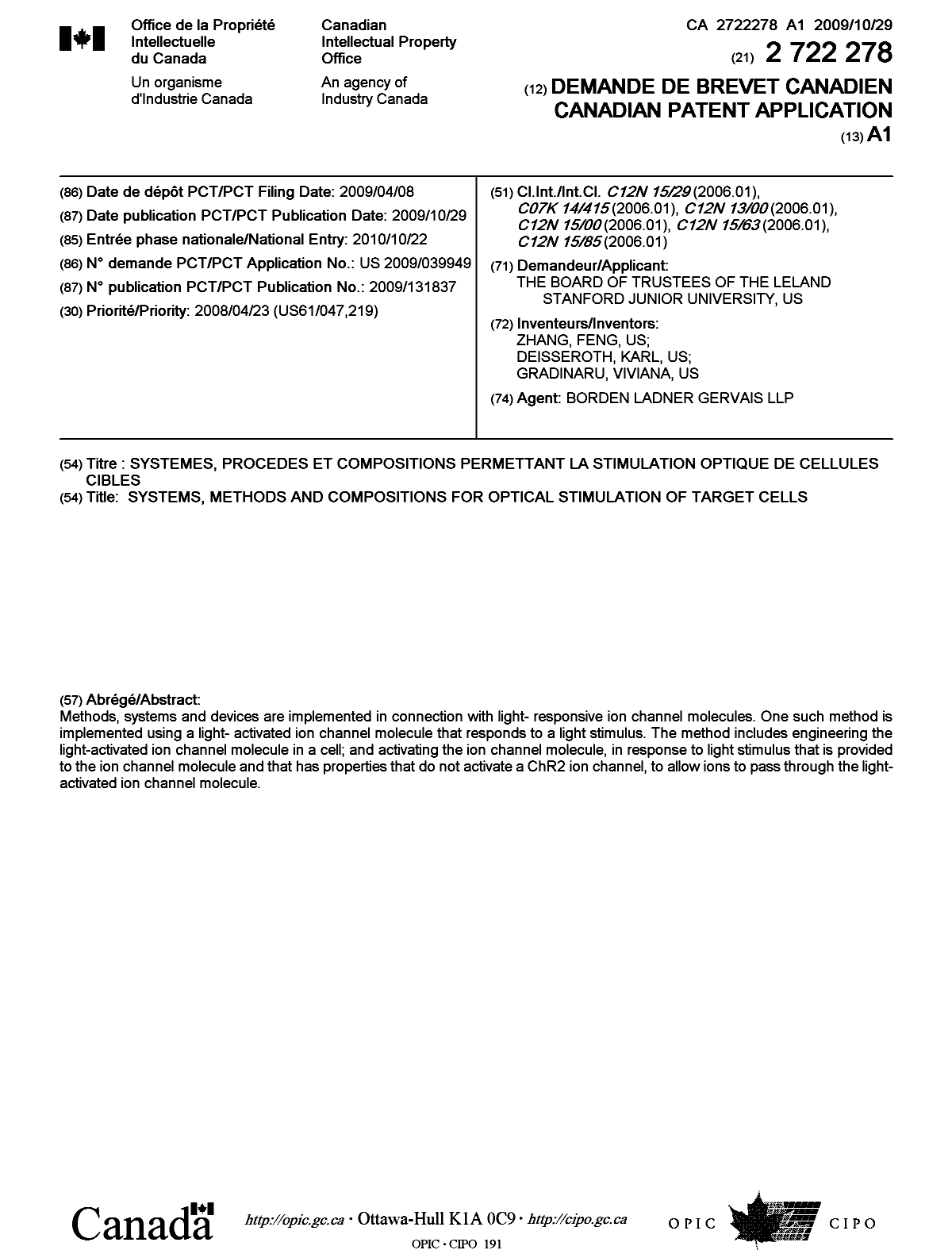 Document de brevet canadien 2722278. Page couverture 20110119. Image 1 de 1