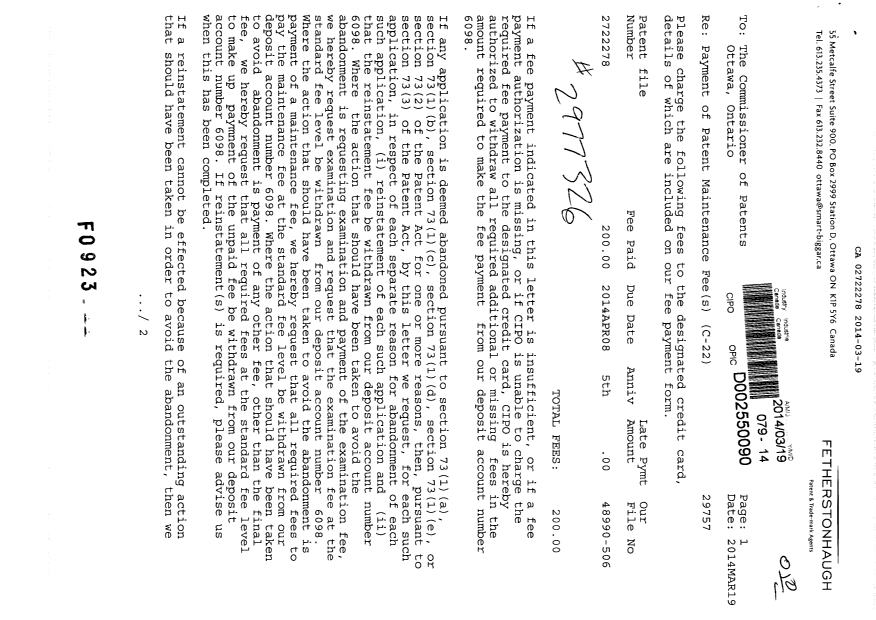 Document de brevet canadien 2722278. Taxes 20140319. Image 1 de 2