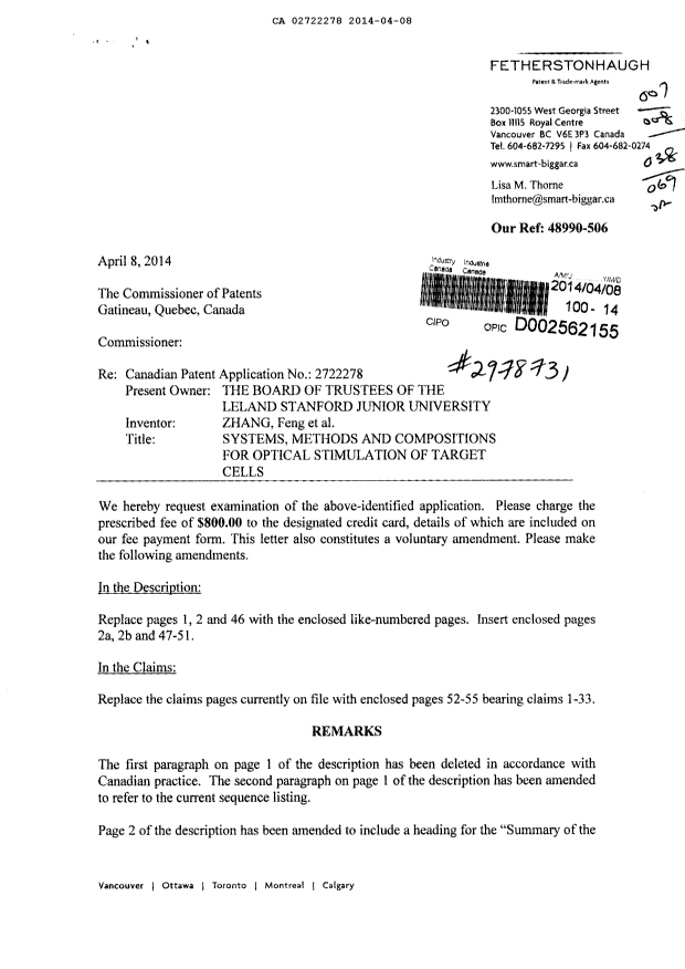 Canadian Patent Document 2722278. Prosecution-Amendment 20140408. Image 1 of 17