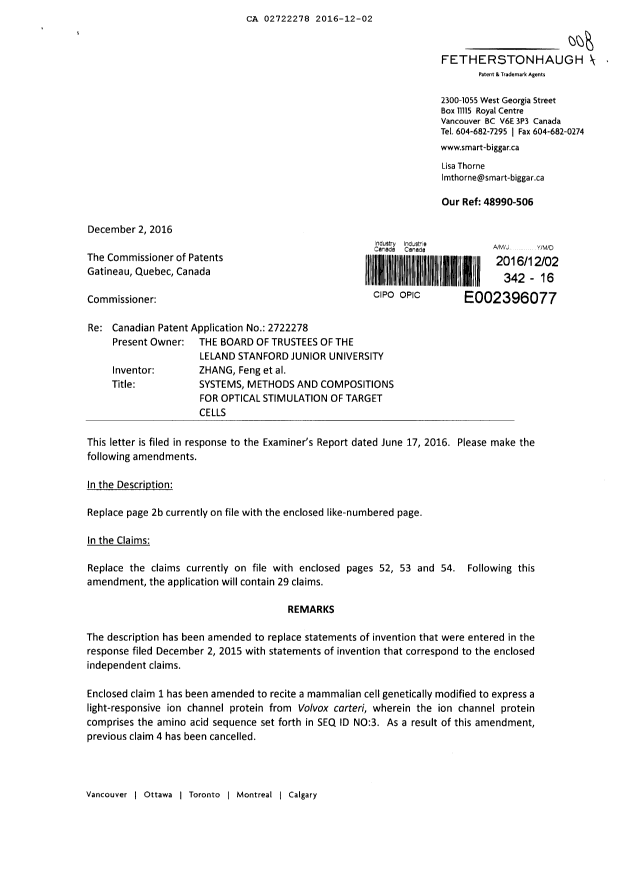 Document de brevet canadien 2722278. Modification 20161202. Image 1 de 7