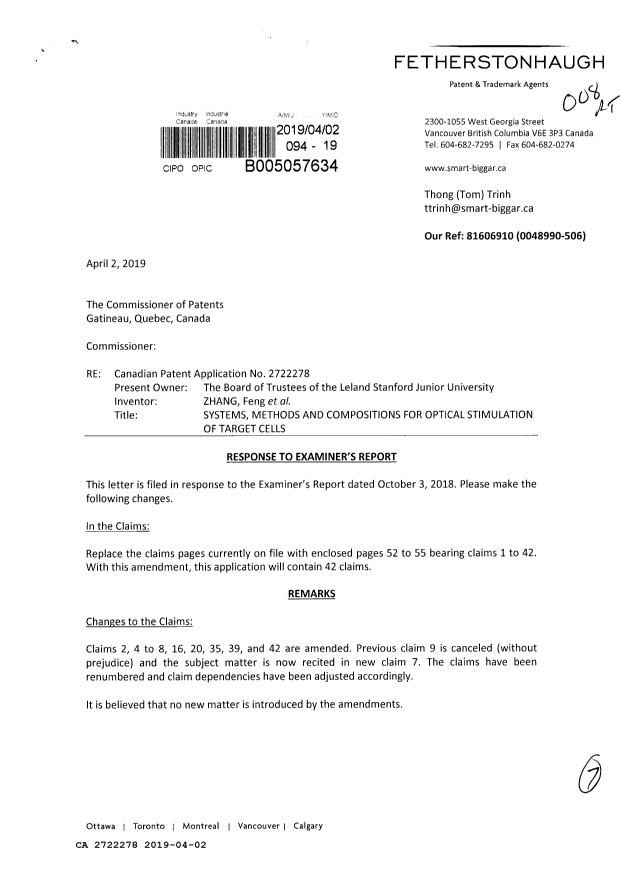Canadian Patent Document 2722278. Amendment 20190402. Image 1 of 7