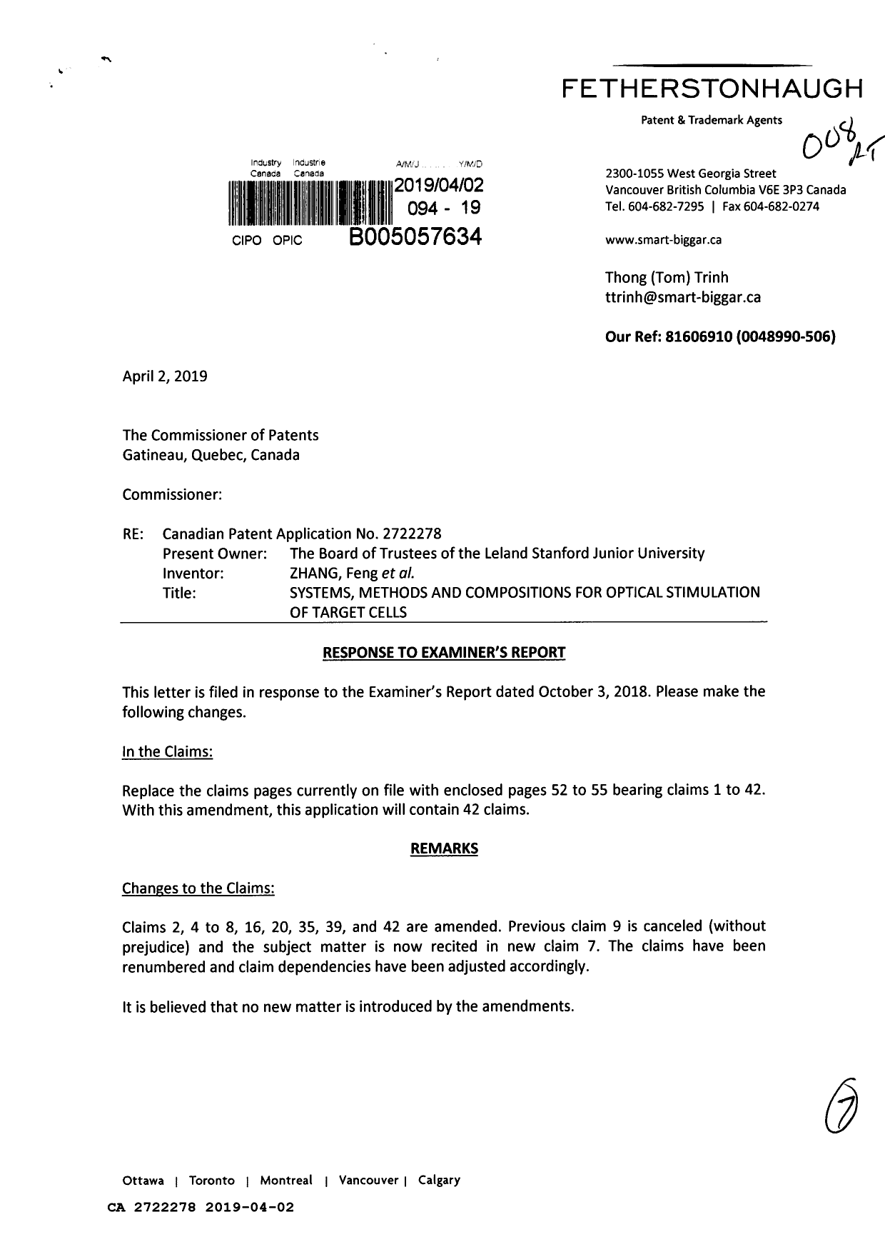 Document de brevet canadien 2722278. Modification 20190402. Image 1 de 7