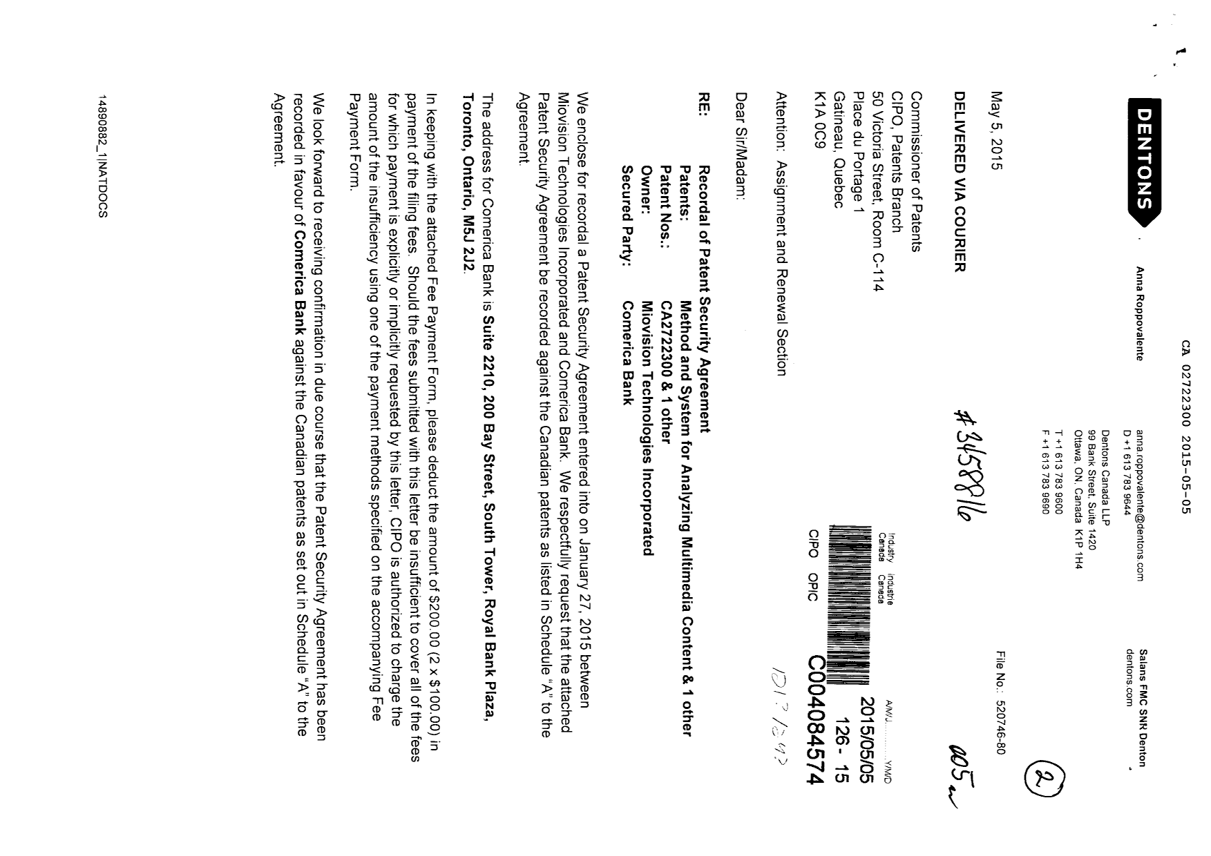 Canadian Patent Document 2722300. Assignment 20150505. Image 1 of 7