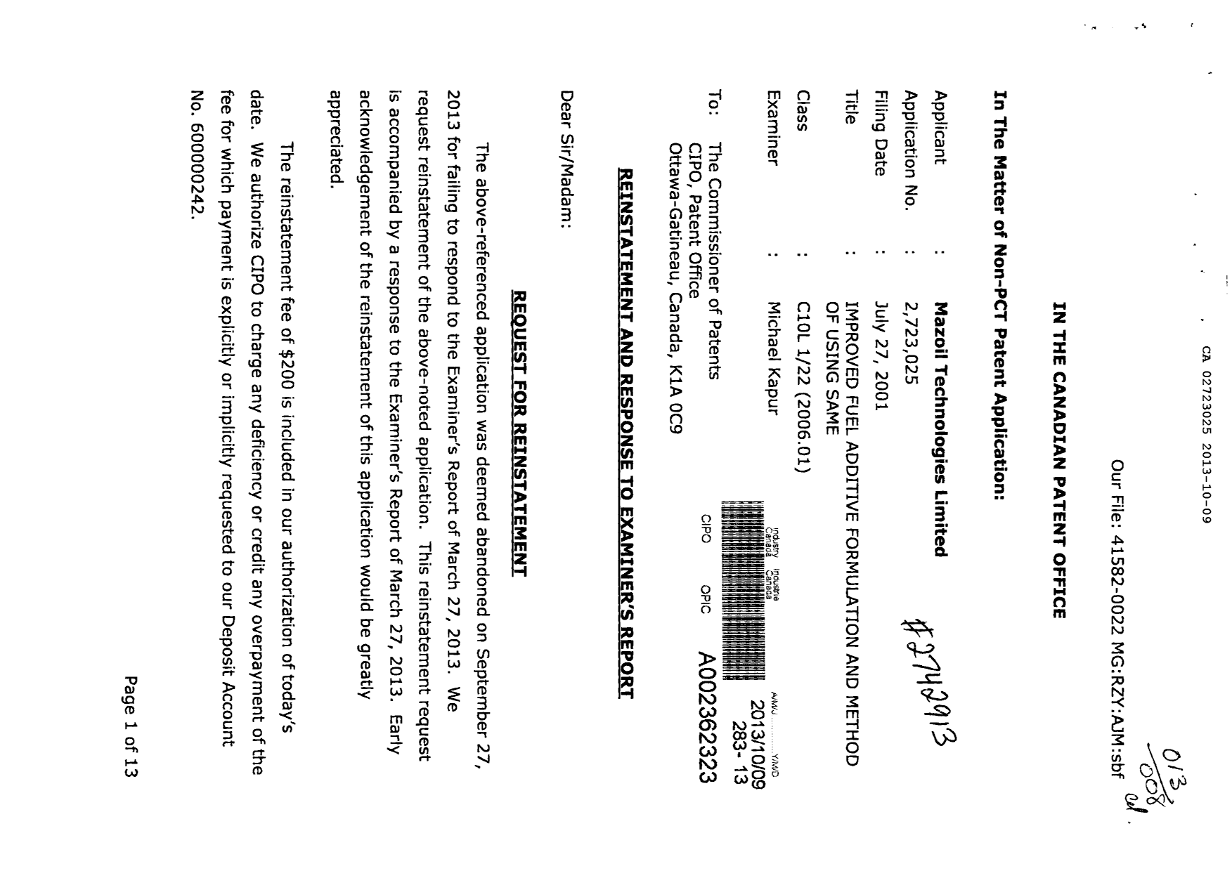 Canadian Patent Document 2723025. Prosecution-Amendment 20131009. Image 1 of 23