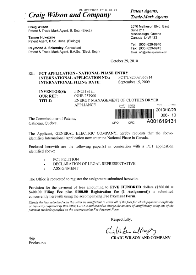 Canadian Patent Document 2723083. Assignment 20101029. Image 1 of 14