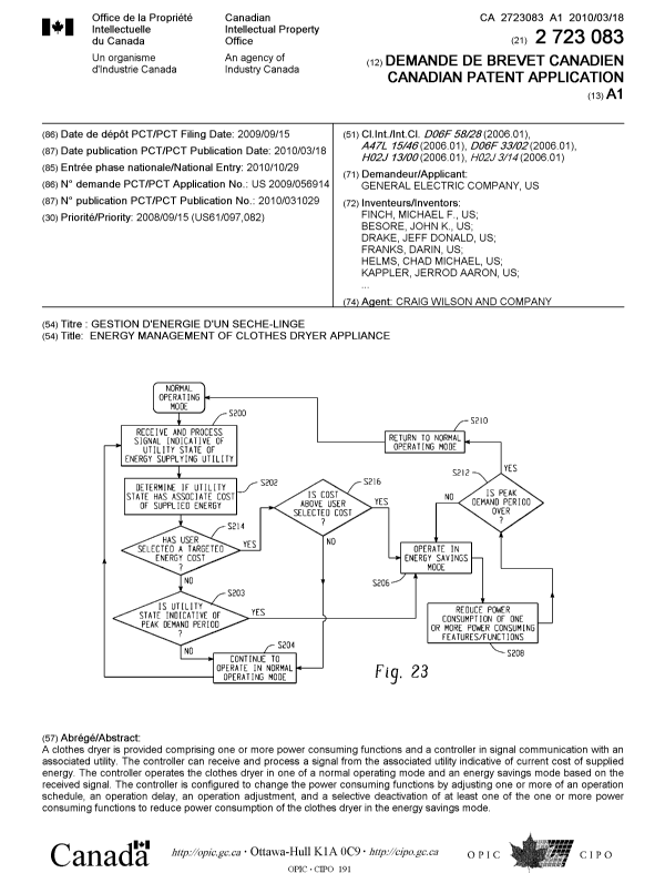 Document de brevet canadien 2723083. Page couverture 20110124. Image 1 de 2