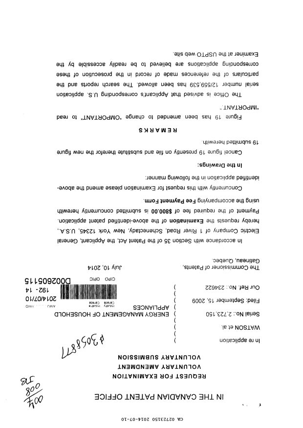 Document de brevet canadien 2723150. Poursuite-Amendment 20131210. Image 1 de 3