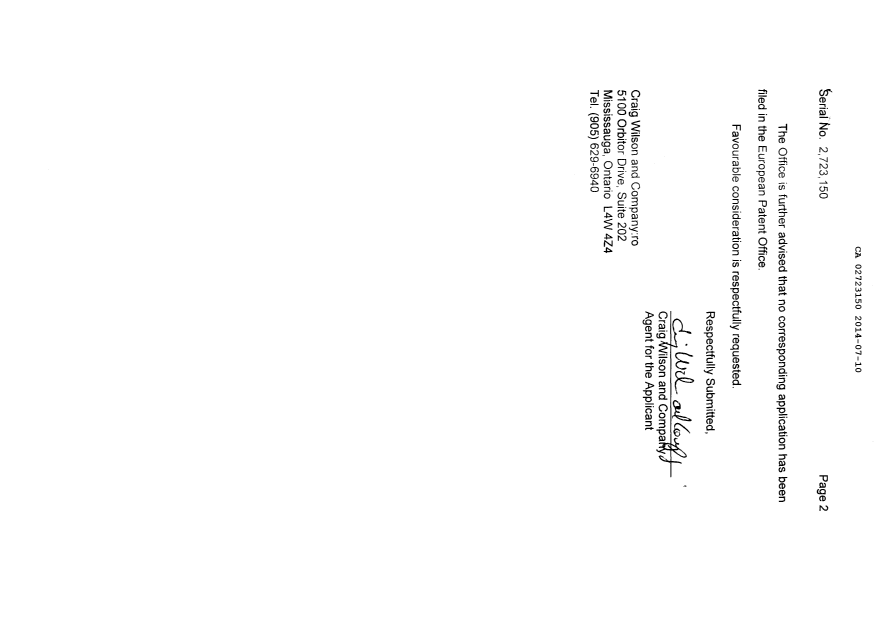 Document de brevet canadien 2723150. Poursuite-Amendment 20131210. Image 2 de 3