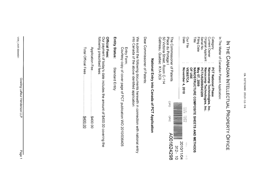 Document de brevet canadien 2723486. Cession 20101104. Image 1 de 4