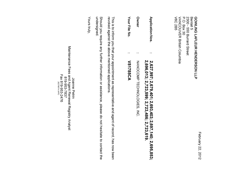 Document de brevet canadien 2723486. Correspondance 20120222. Image 1 de 1