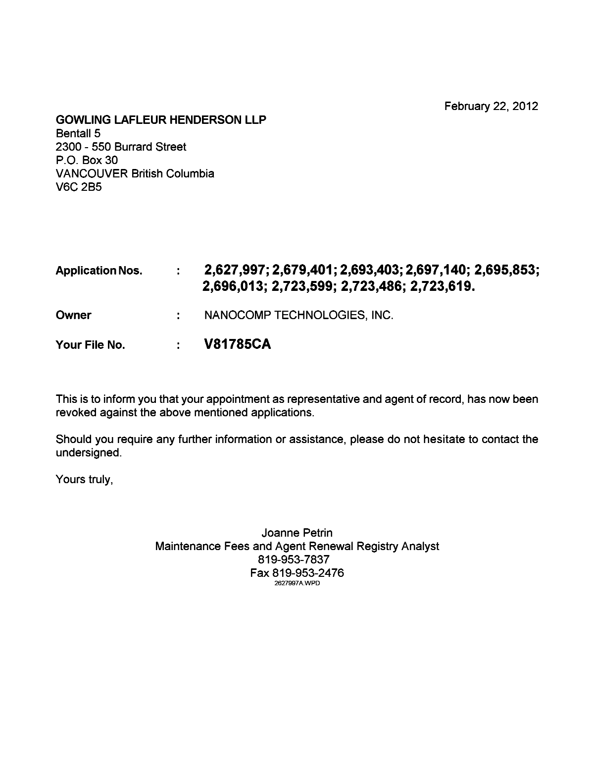 Document de brevet canadien 2723486. Correspondance 20120222. Image 1 de 1