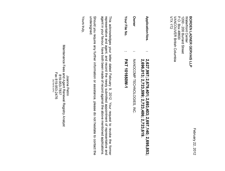Document de brevet canadien 2723619. Correspondance 20120222. Image 1 de 1
