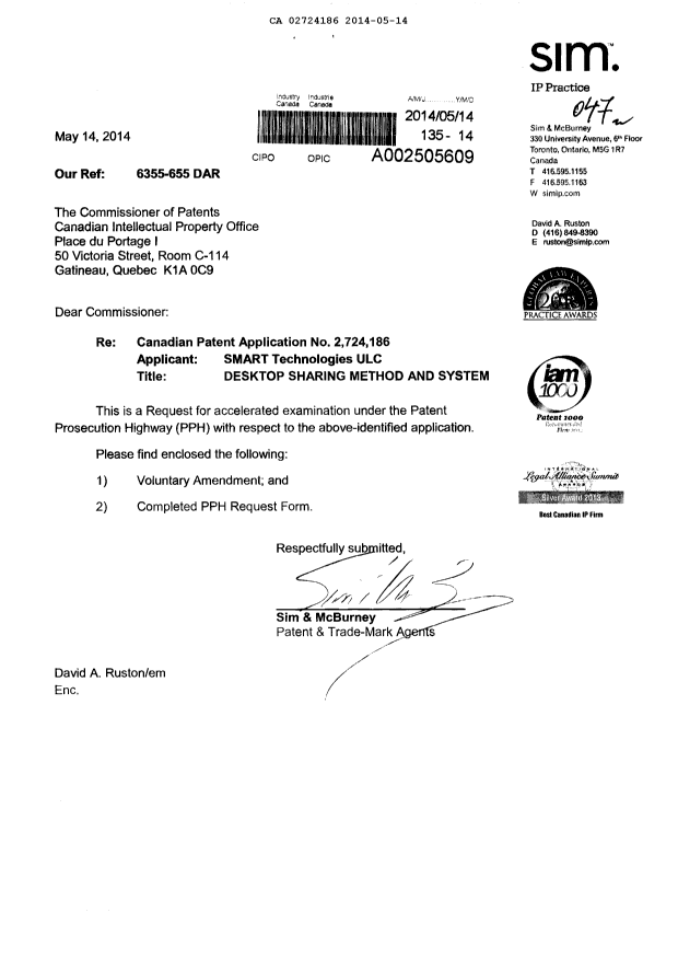 Canadian Patent Document 2724186. Prosecution-Amendment 20140514. Image 1 of 9