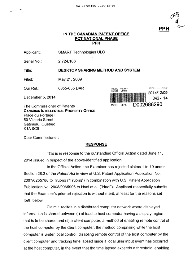 Canadian Patent Document 2724186. Prosecution-Amendment 20141205. Image 1 of 3