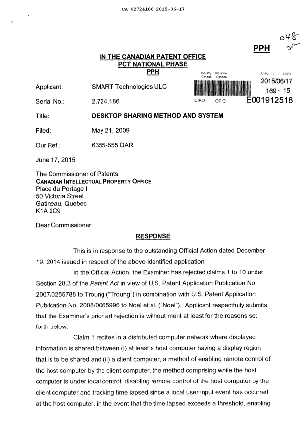 Canadian Patent Document 2724186. Amendment 20150617. Image 1 of 4