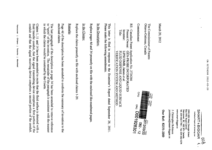 Canadian Patent Document 2724266. Prosecution-Amendment 20120320. Image 1 of 10