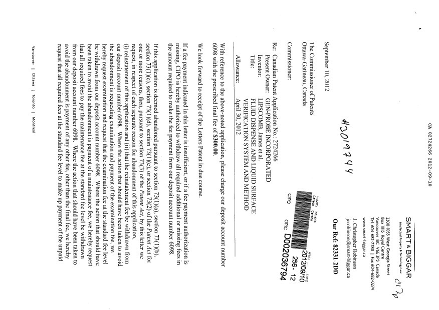Document de brevet canadien 2724266. Correspondance 20120910. Image 1 de 2
