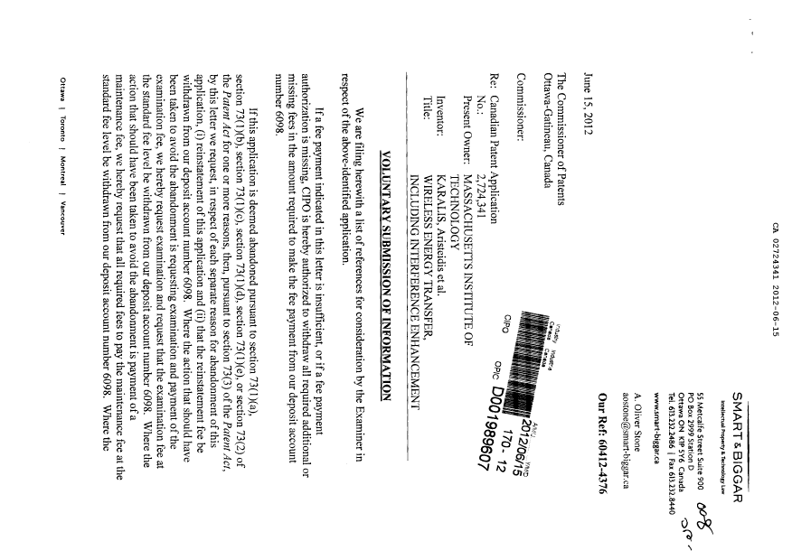 Document de brevet canadien 2724341. Poursuite-Amendment 20120615. Image 1 de 2