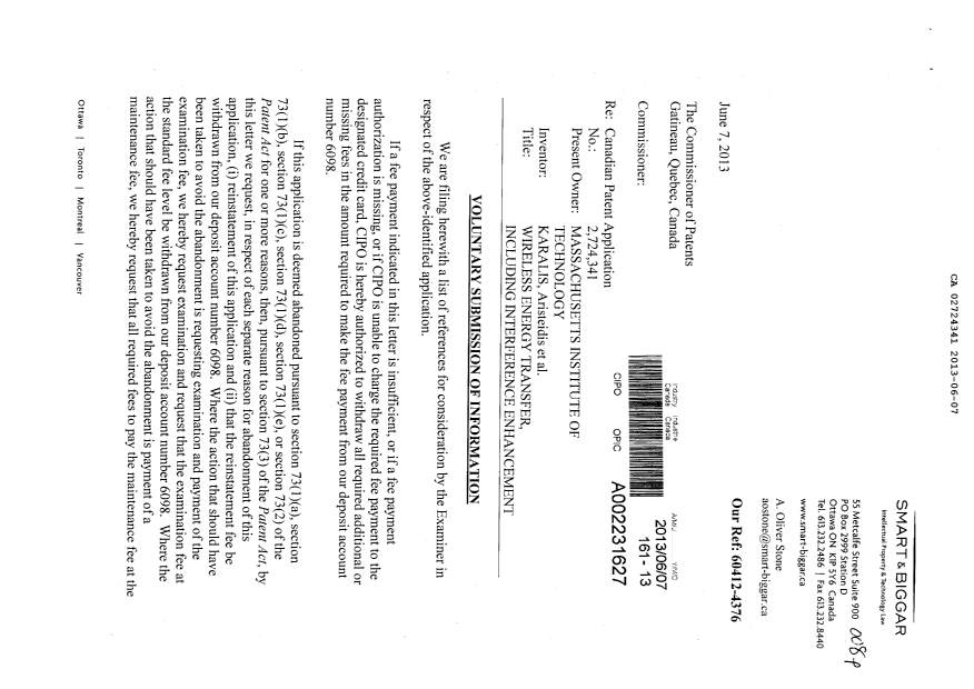 Document de brevet canadien 2724341. Poursuite-Amendment 20130607. Image 1 de 2