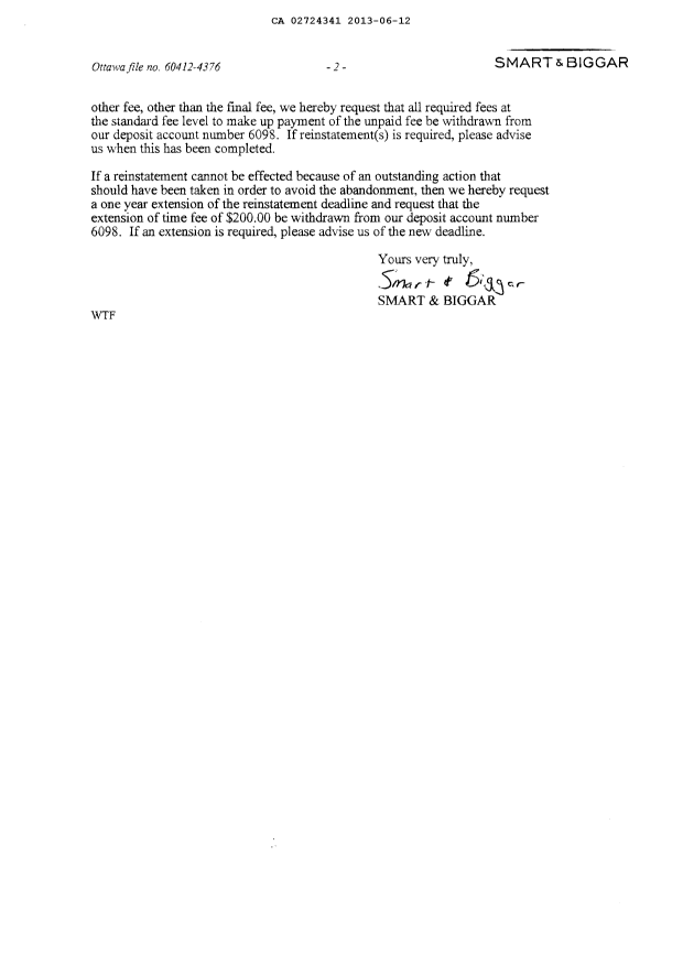 Document de brevet canadien 2724341. Poursuite-Amendment 20130612. Image 2 de 2