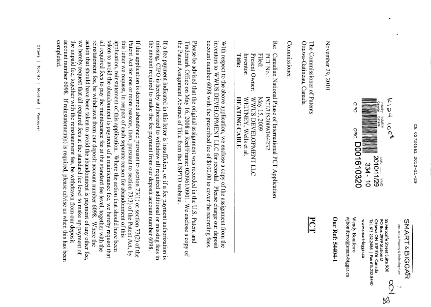 Document de brevet canadien 2724561. Cession 20091229. Image 1 de 6