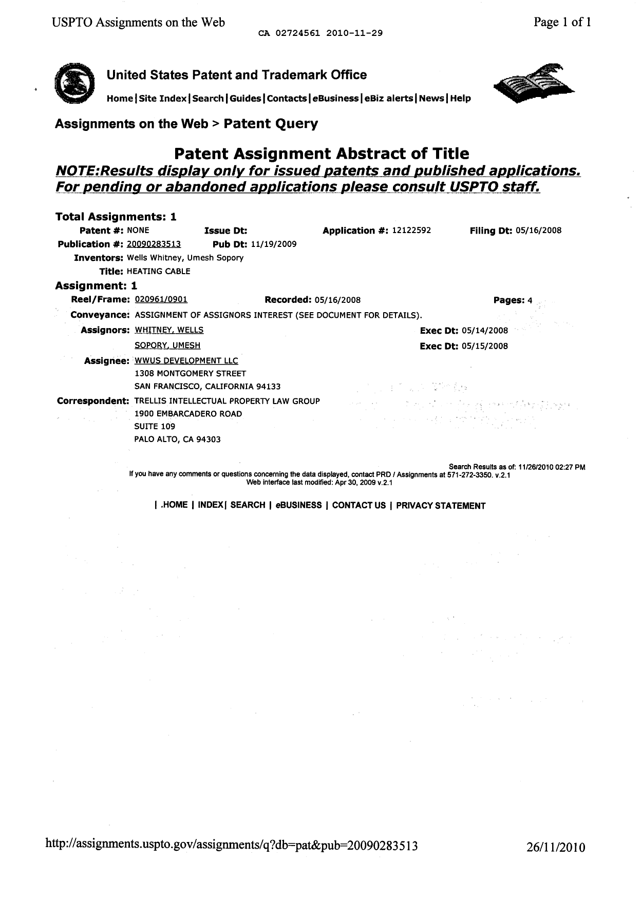 Canadian Patent Document 2724561. Assignment 20091229. Image 6 of 6