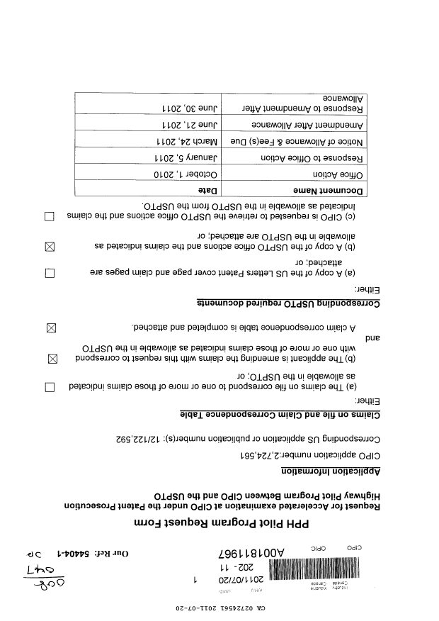 Canadian Patent Document 2724561. Prosecution-Amendment 20101220. Image 1 of 10