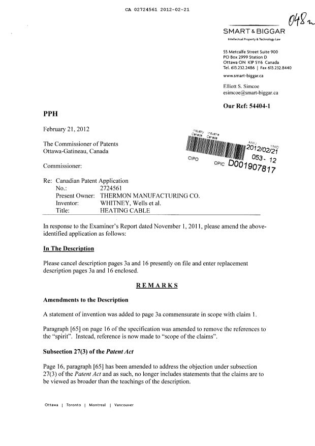 Document de brevet canadien 2724561. Poursuite-Amendment 20111221. Image 1 de 5