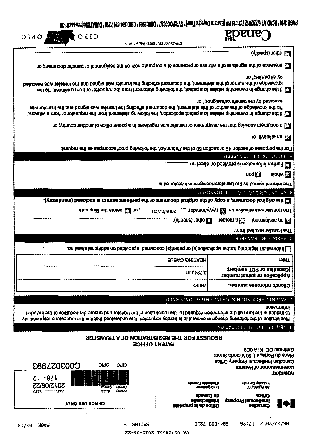 Document de brevet canadien 2724561. Cession 20111222. Image 2 de 9