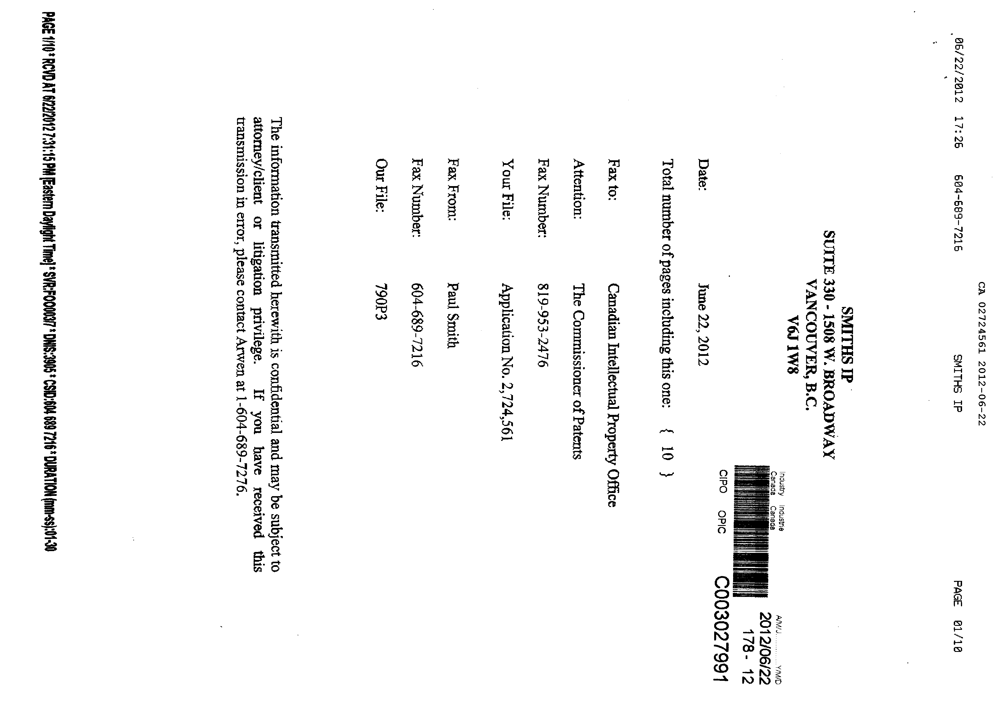 Document de brevet canadien 2724561. Cession 20111222. Image 9 de 9