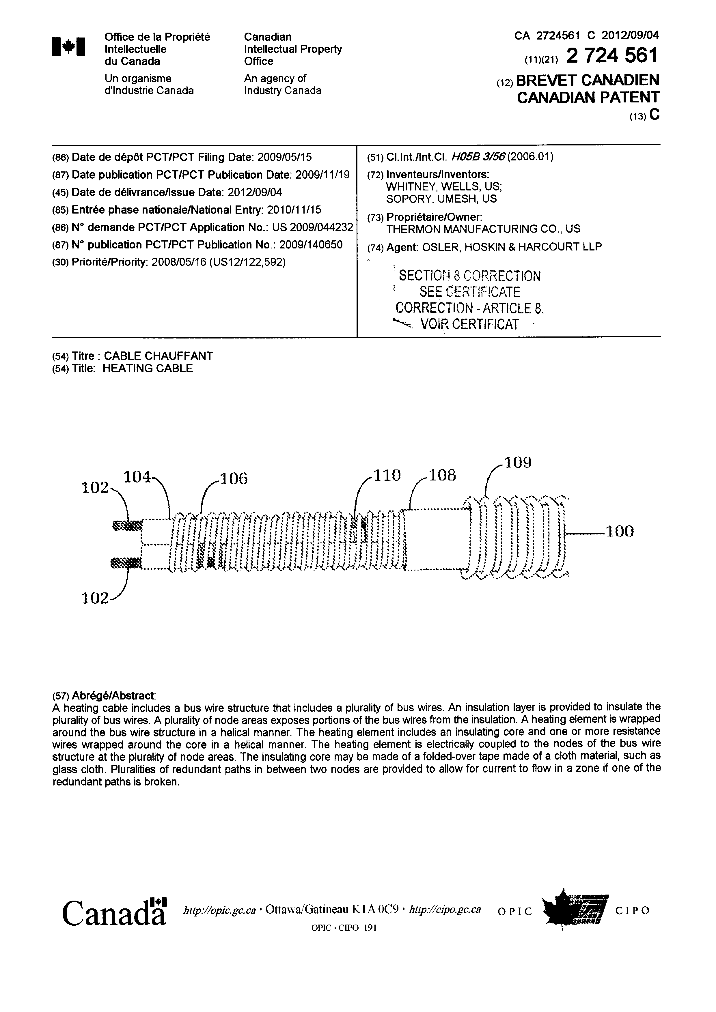 Document de brevet canadien 2724561. Page couverture 20111225. Image 1 de 2