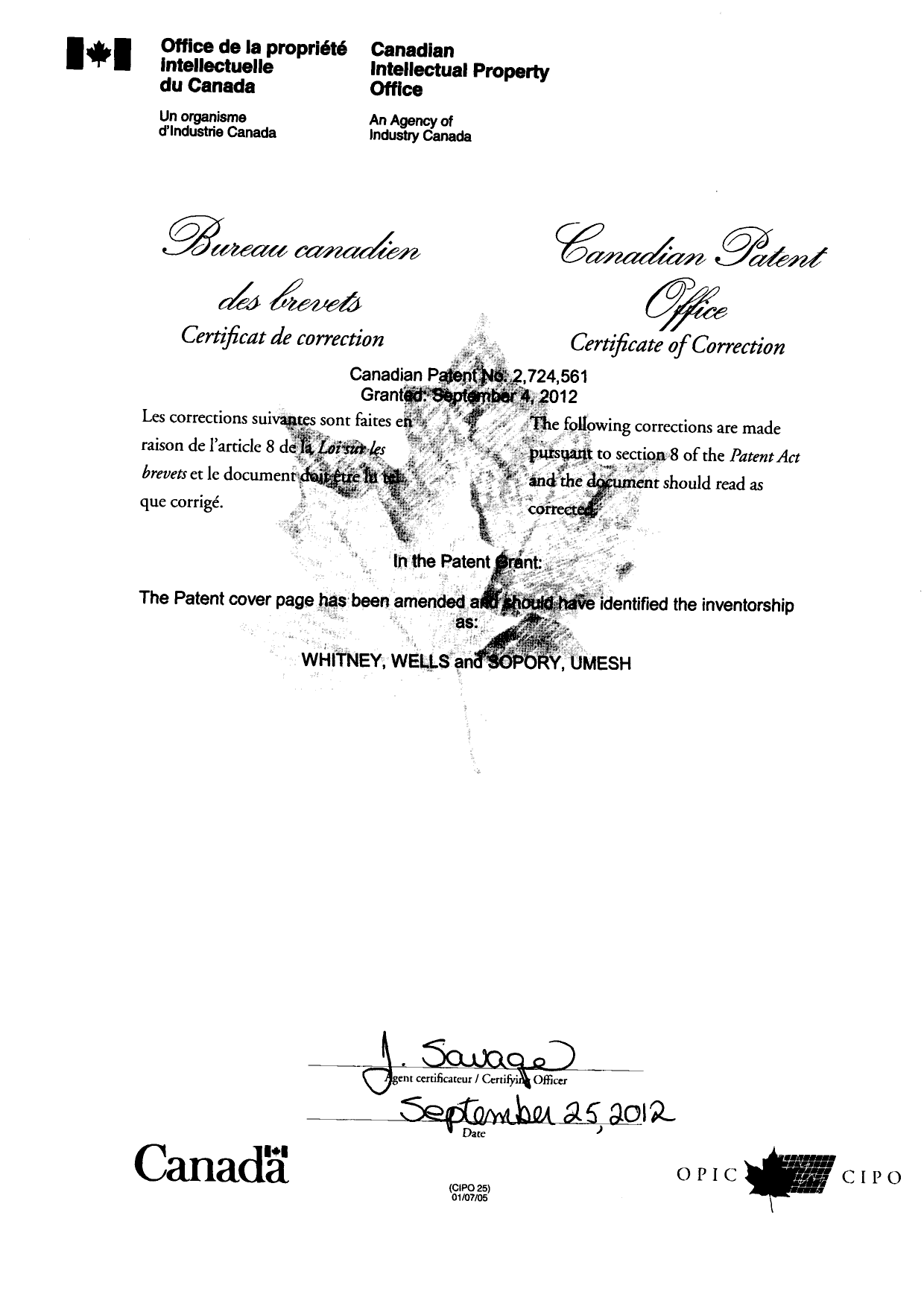 Document de brevet canadien 2724561. Page couverture 20111225. Image 2 de 2