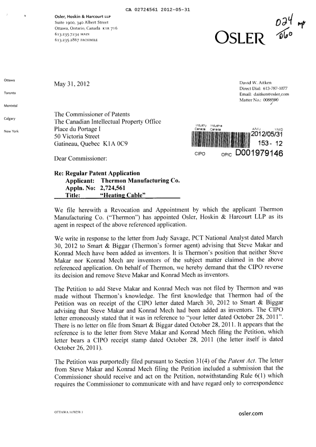Canadian Patent Document 2724561. Correspondence 20120531. Image 1 of 5