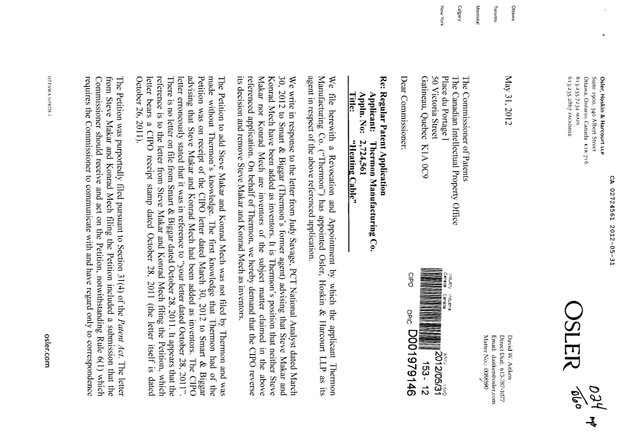 Document de brevet canadien 2724561. Correspondance 20120531. Image 1 de 5
