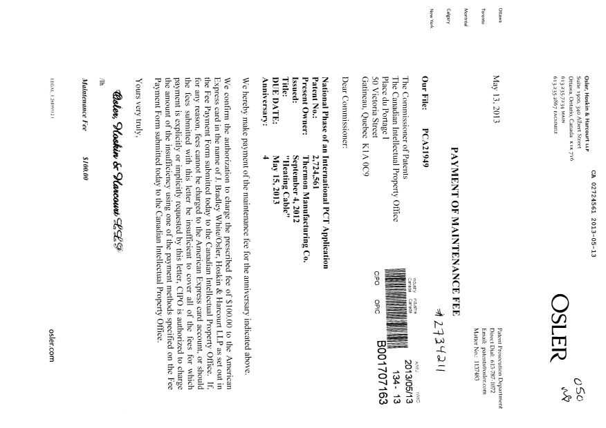 Canadian Patent Document 2724561. Fees 20121213. Image 1 of 1