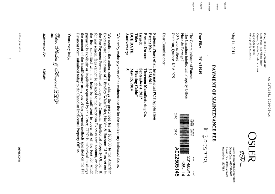Document de brevet canadien 2724561. Taxes 20140514. Image 1 de 1