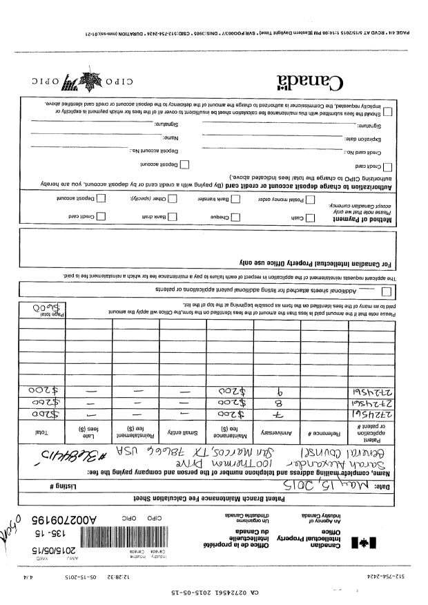 Document de brevet canadien 2724561. Taxes 20141215. Image 1 de 2