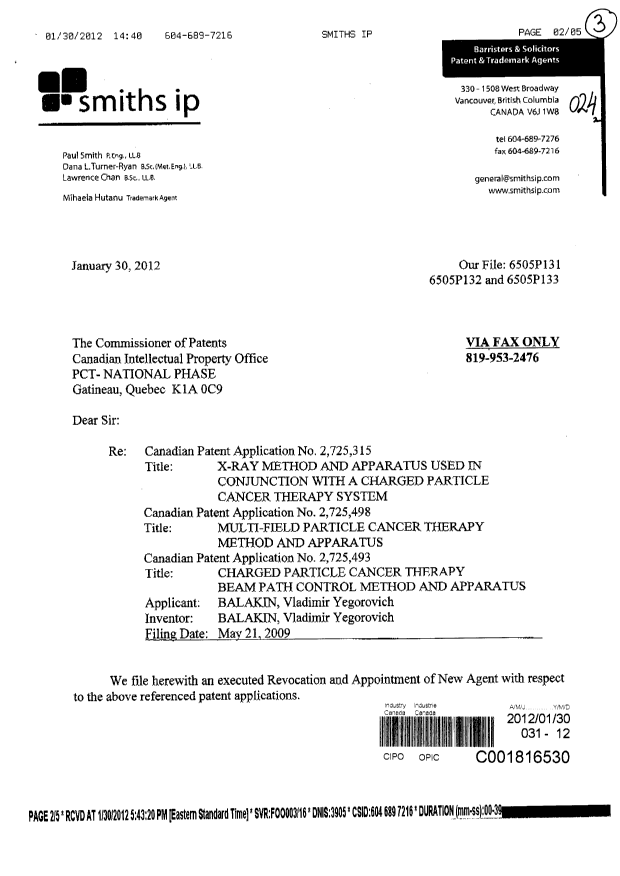 Document de brevet canadien 2725498. Correspondance 20111230. Image 1 de 5