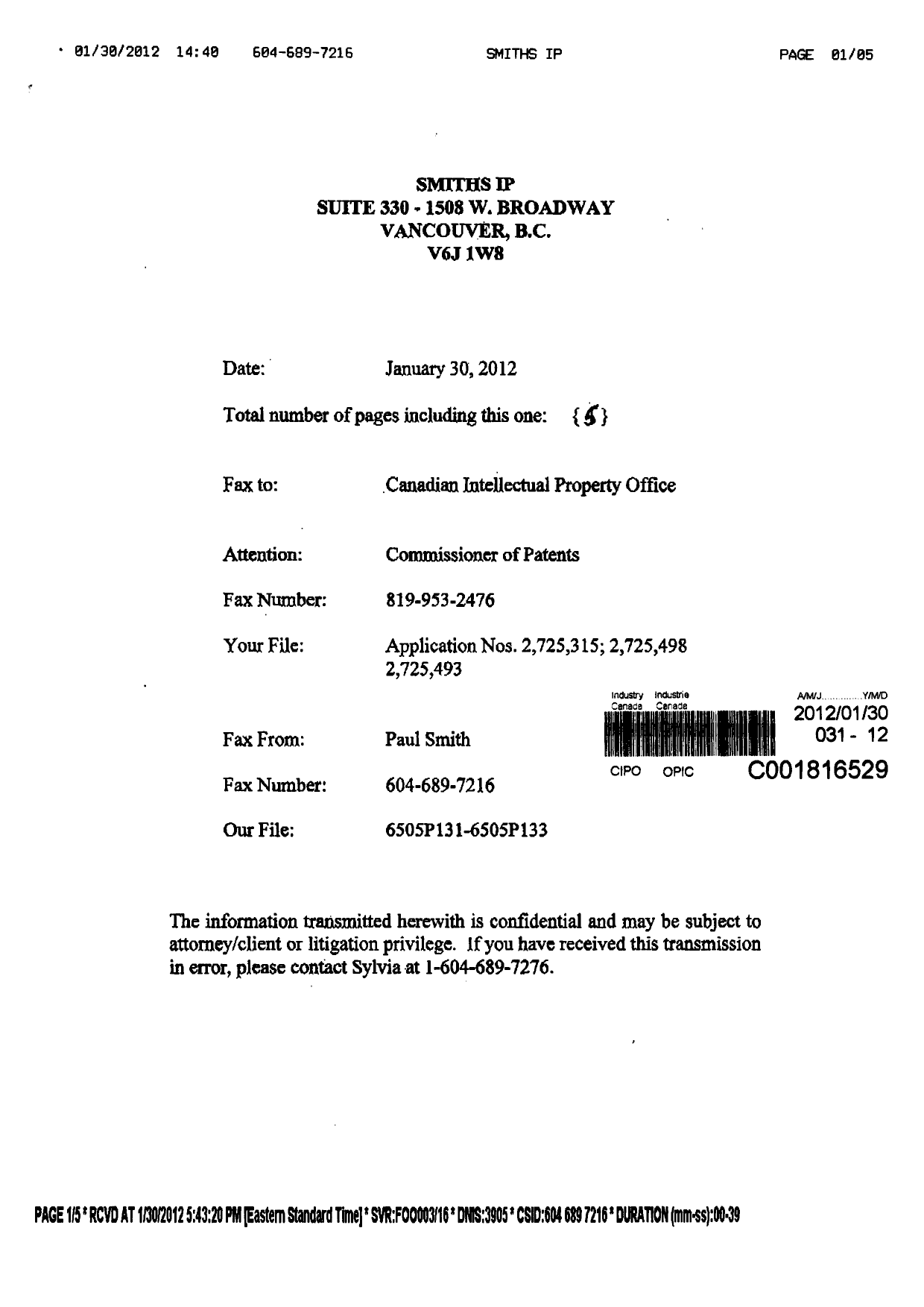 Canadian Patent Document 2725498. Correspondence 20111230. Image 5 of 5
